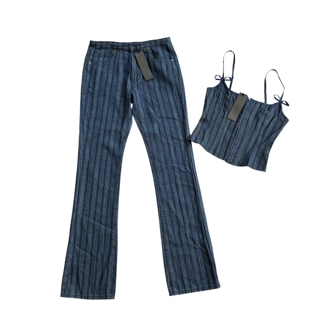 Lioness Charismatic Pinstripe Denim Set Corset Top S and Flare Jeans XS Blue - Picture 3 of 16